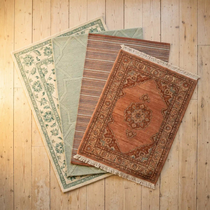 Three rugs overlapping and filling the frame: a terracotta medallion, a sage geometric and a rust and indigo stripe