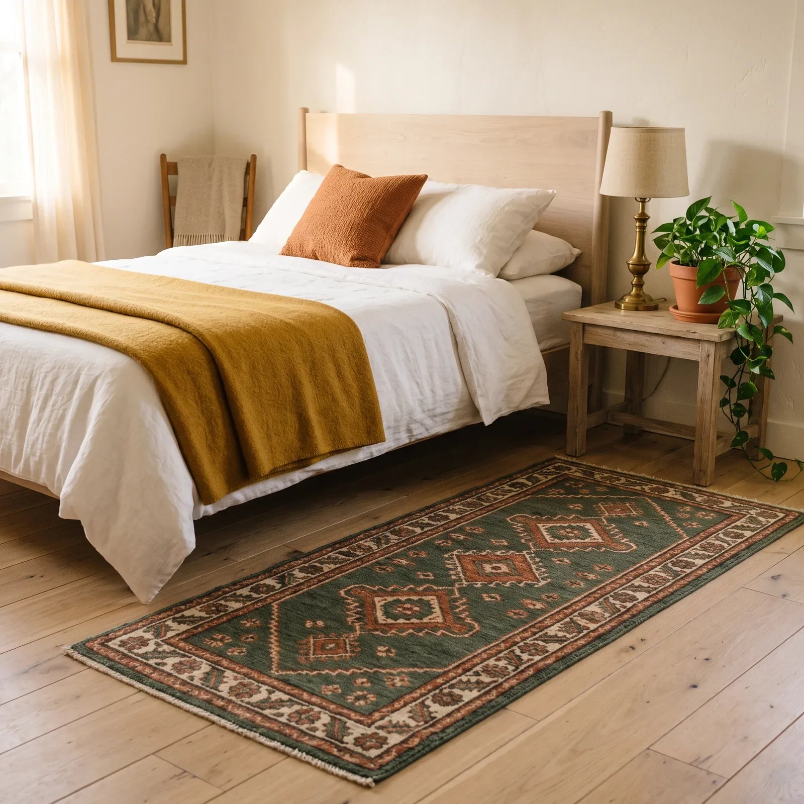 A sage and terracotta patterned rug running along the side of a bed, with a mustard throw and a brass bedside lamp