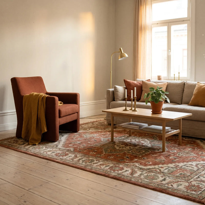 A terracotta and sage patterned rug under a sofa and coffee table, with a rust armchair and a brass lamp