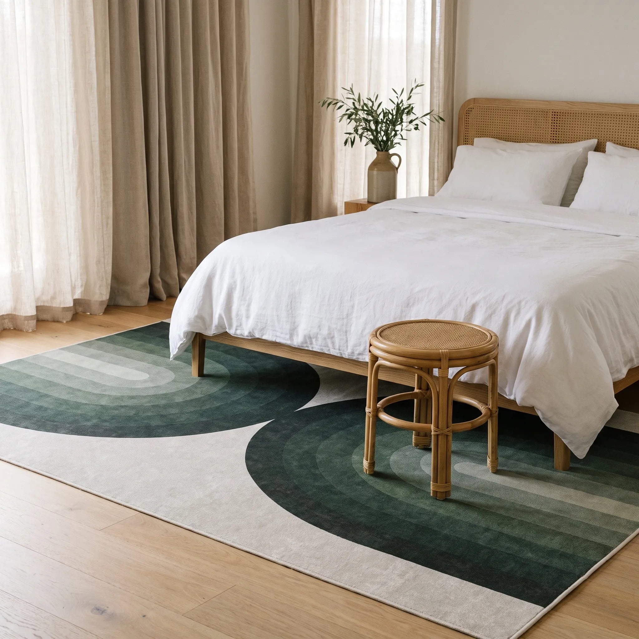 Absida Sage Rug in a bedroom