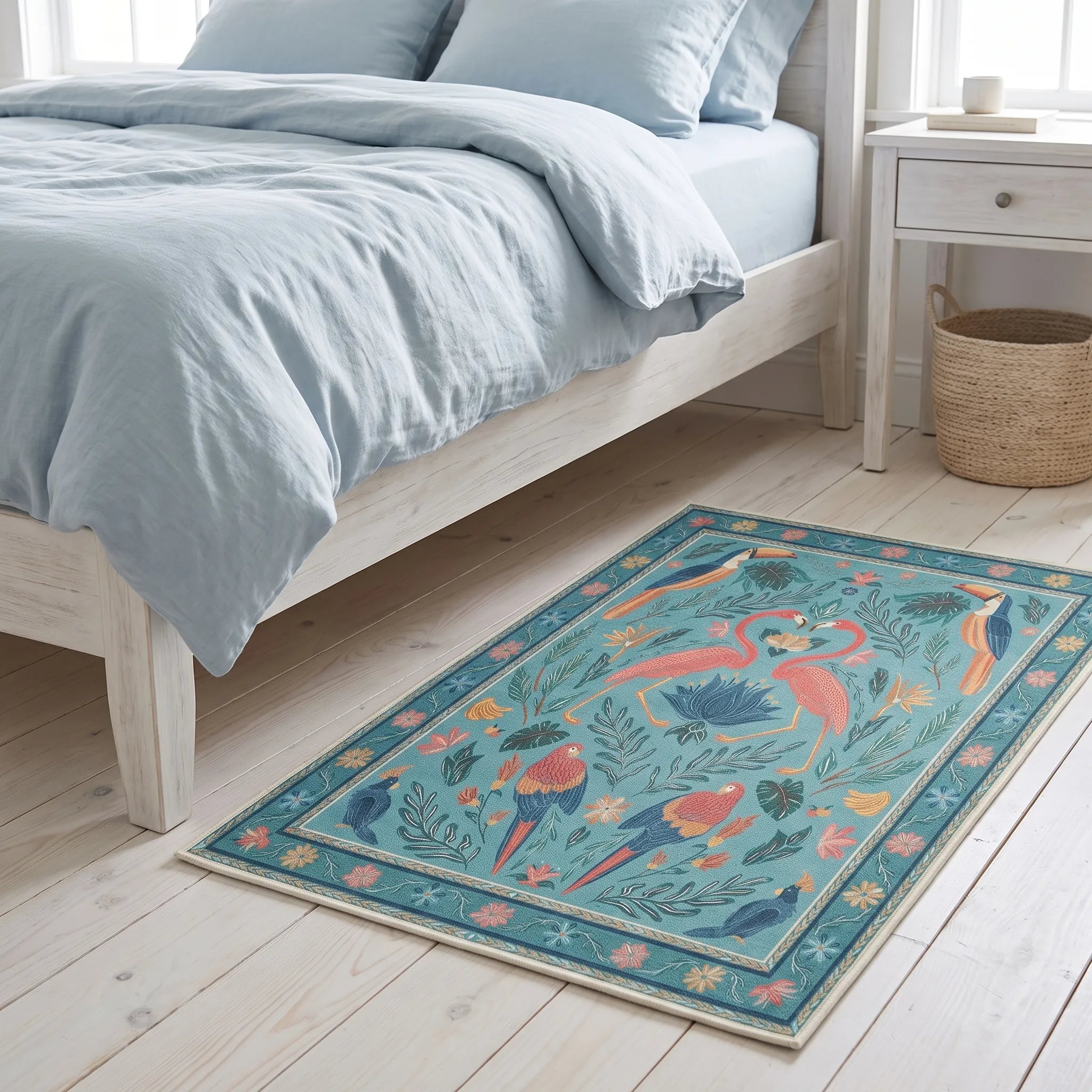 Birds Of A Feather Aqua Rug beside a bed