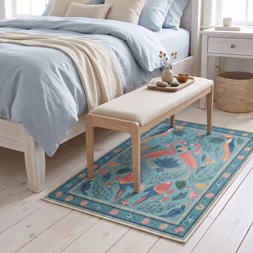 Birds of a Feather Aqua Rug in a bedroom