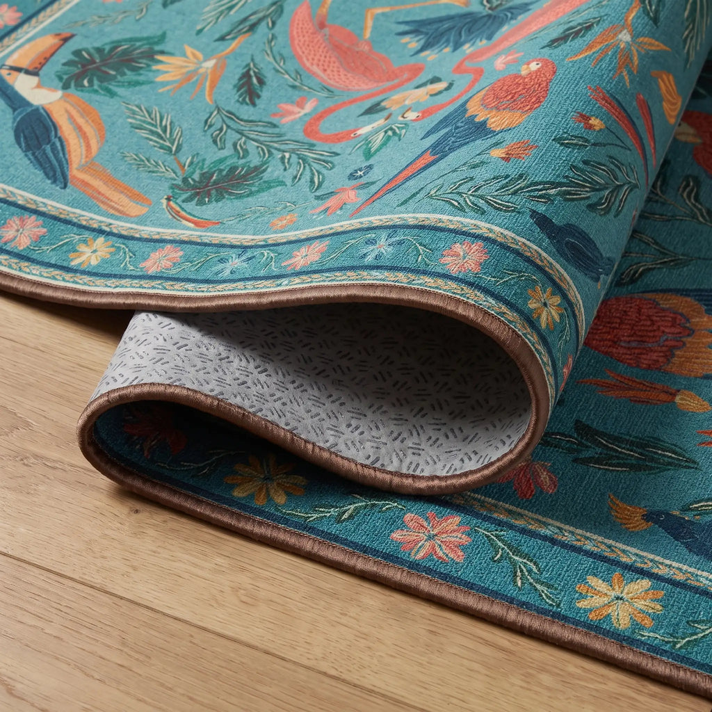 Birds Of A Feather Aqua Rug folded corner detail
