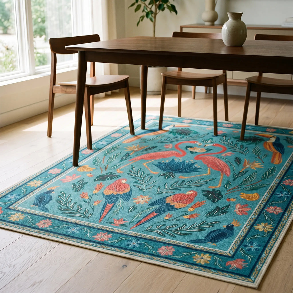Birds Of A Feather Aqua Rug in a dining room
