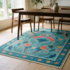 Birds Of A Feather Aqua Rug in a dining room