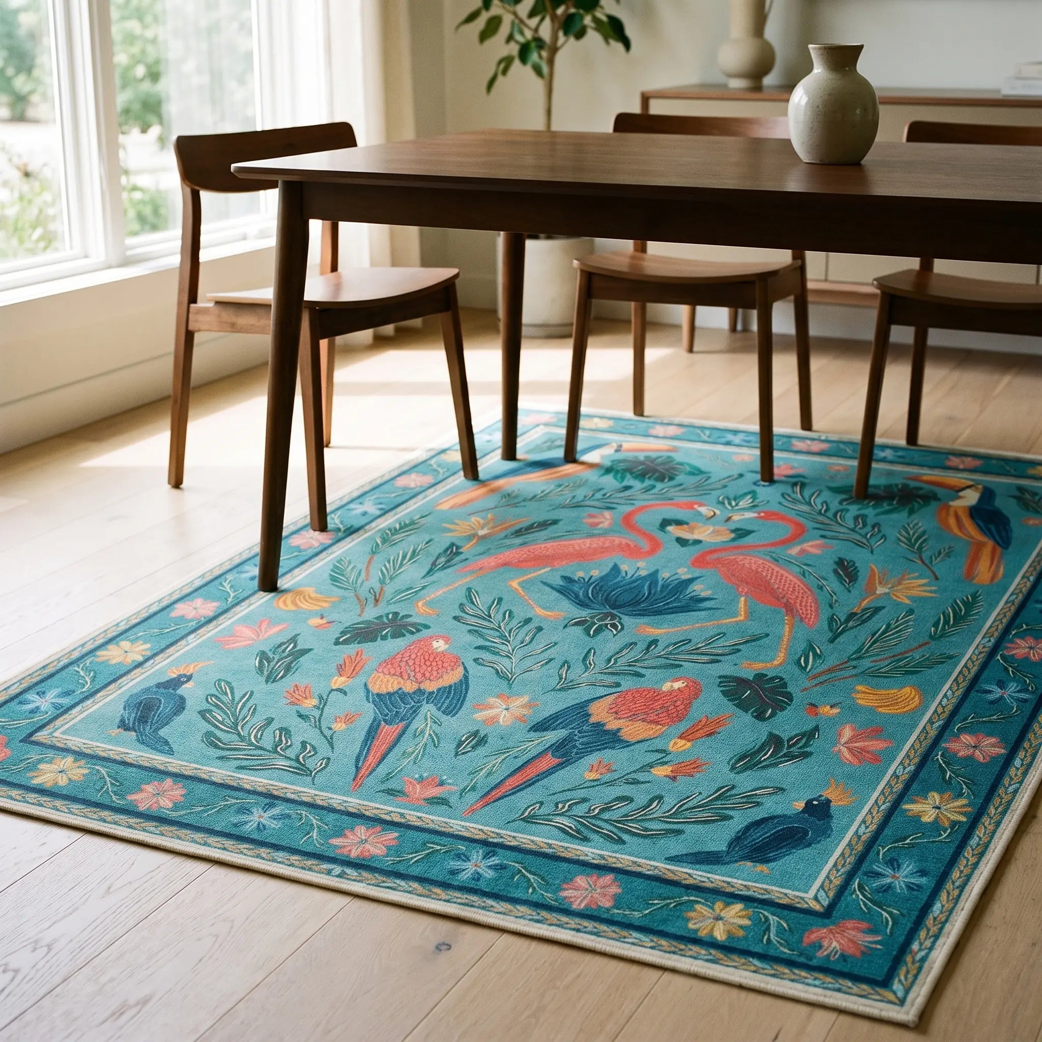 Birds Of A Feather Aqua Rug in a dining room