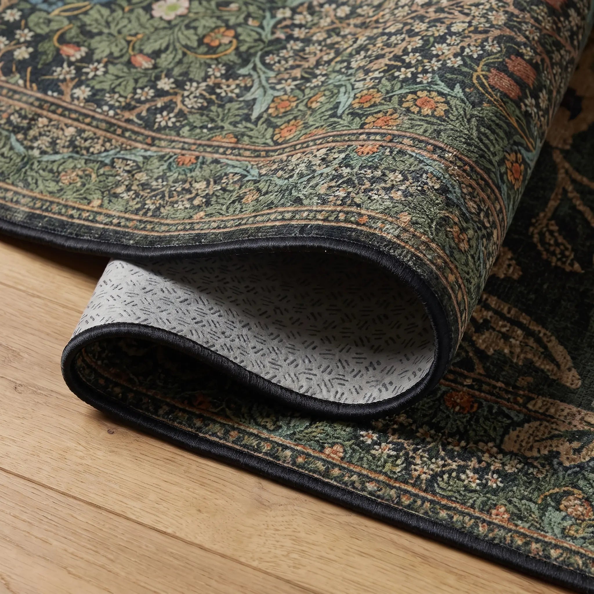 Blackthorn Forest Green Rug folded corner detail