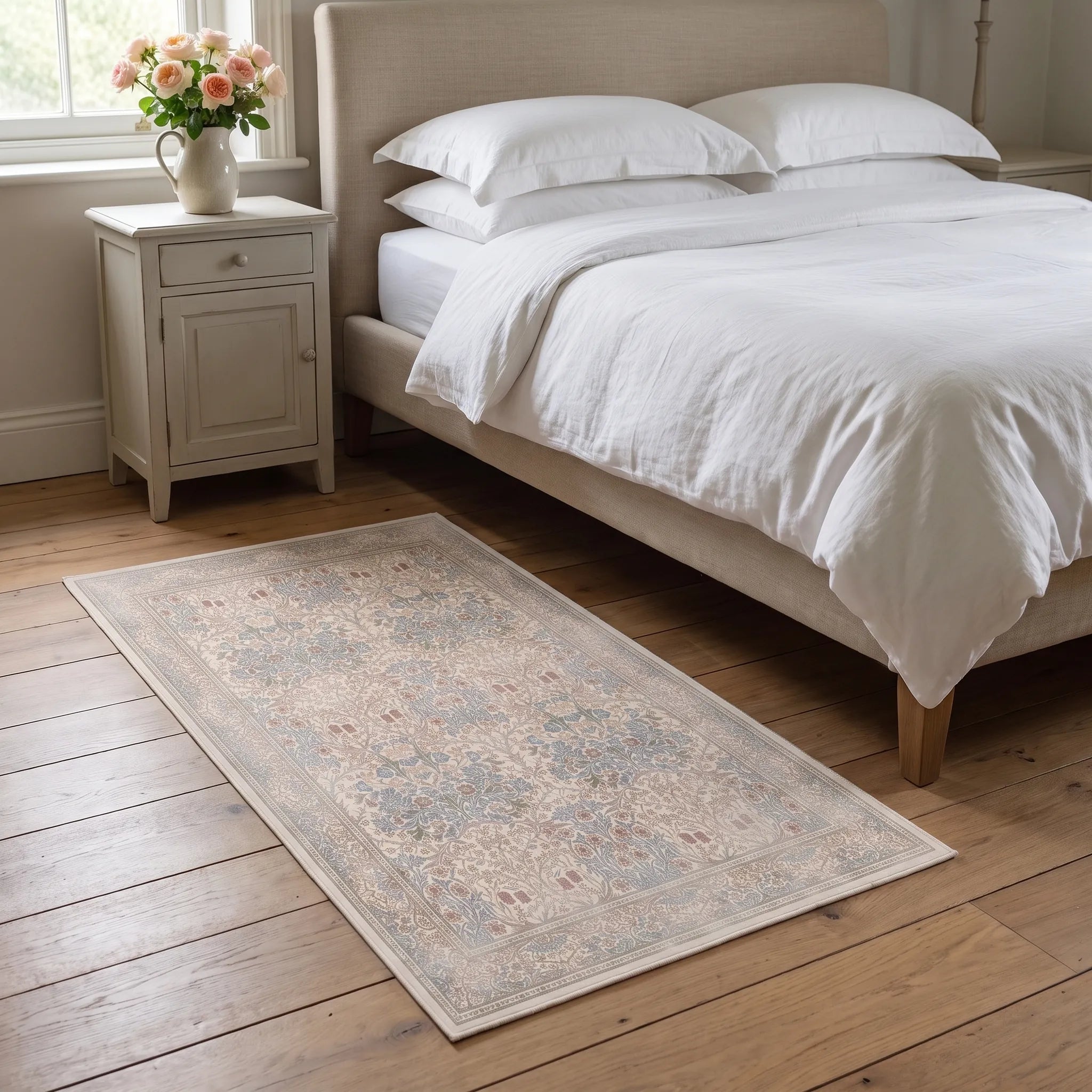 Blackthorn Ivory Rug beside a bed