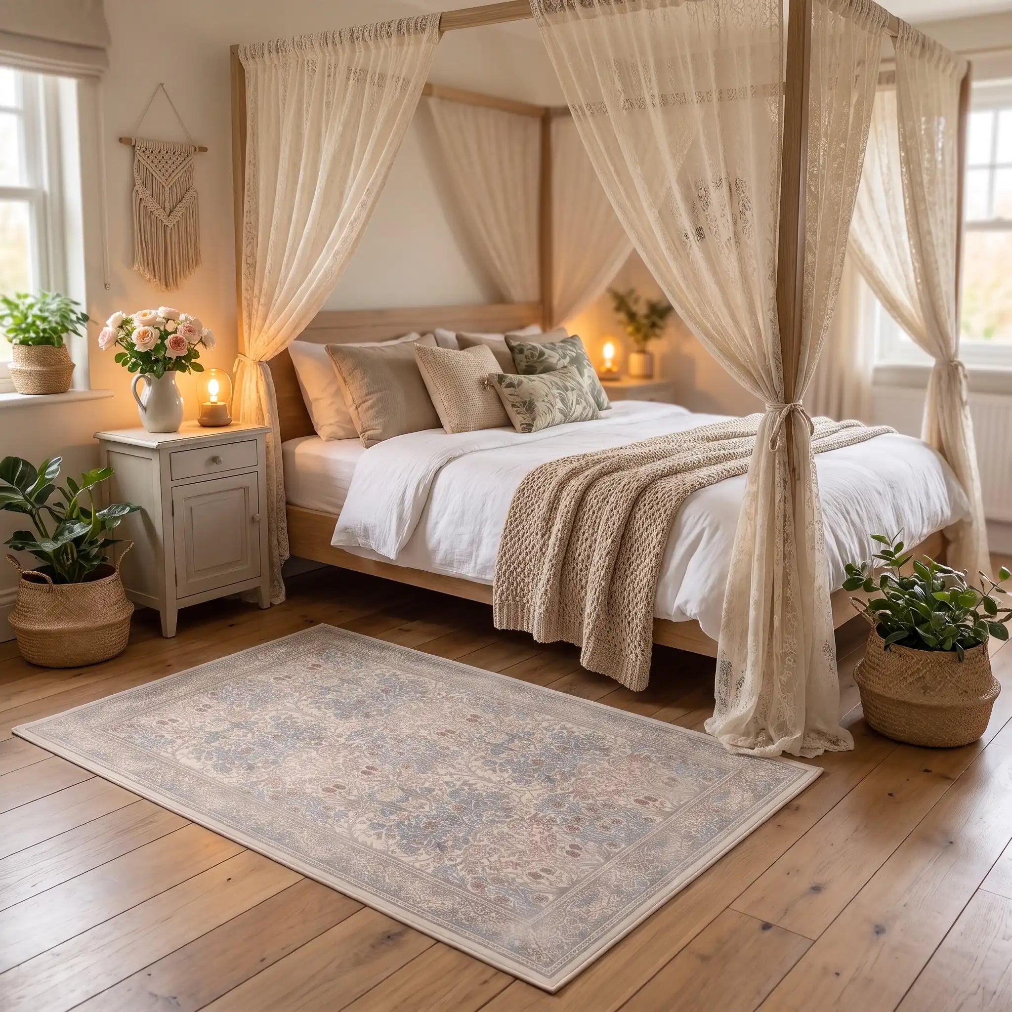 Blackthorn Ivory Floral Rug in a bedroom
