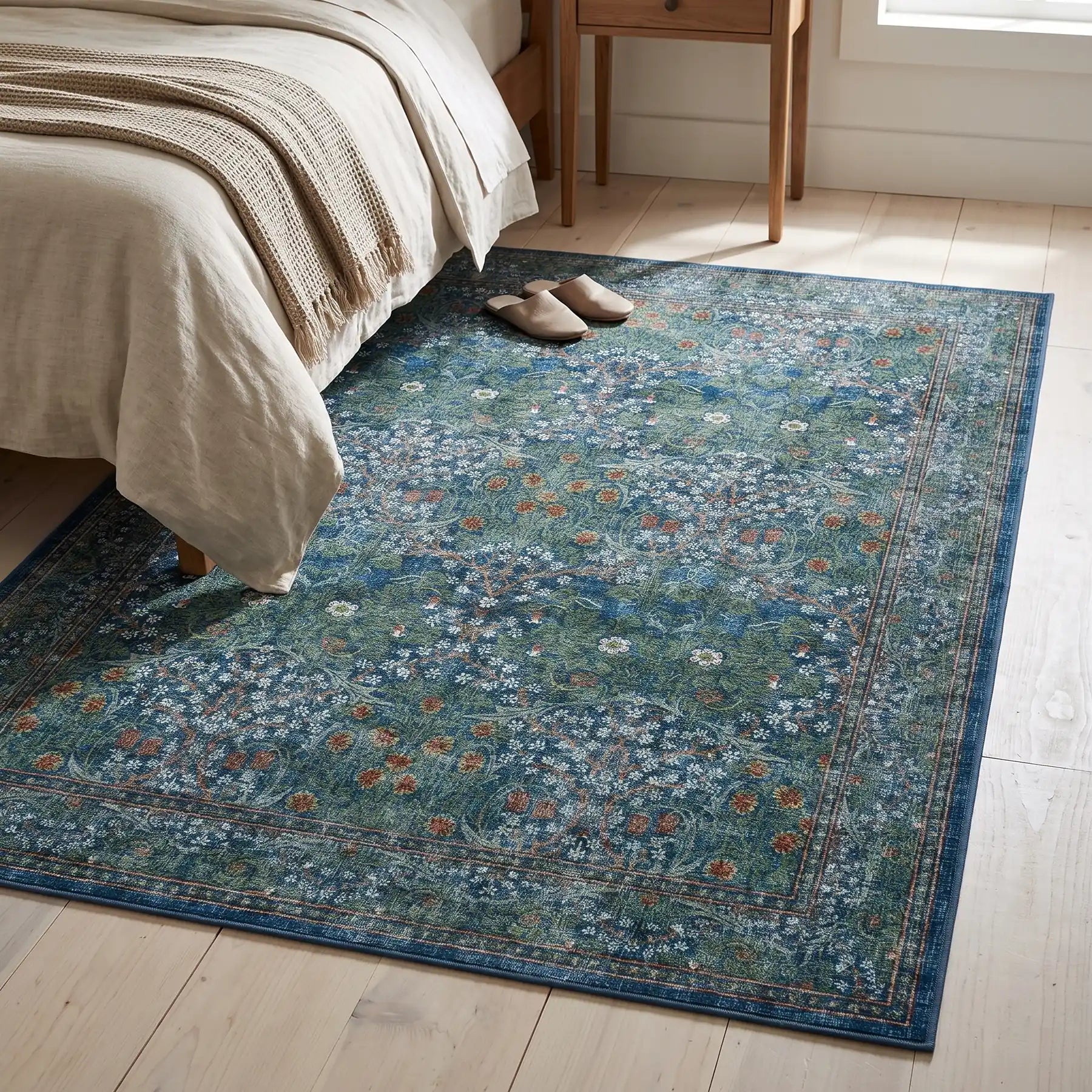 Blackthorn Navy Rug in a bedroom