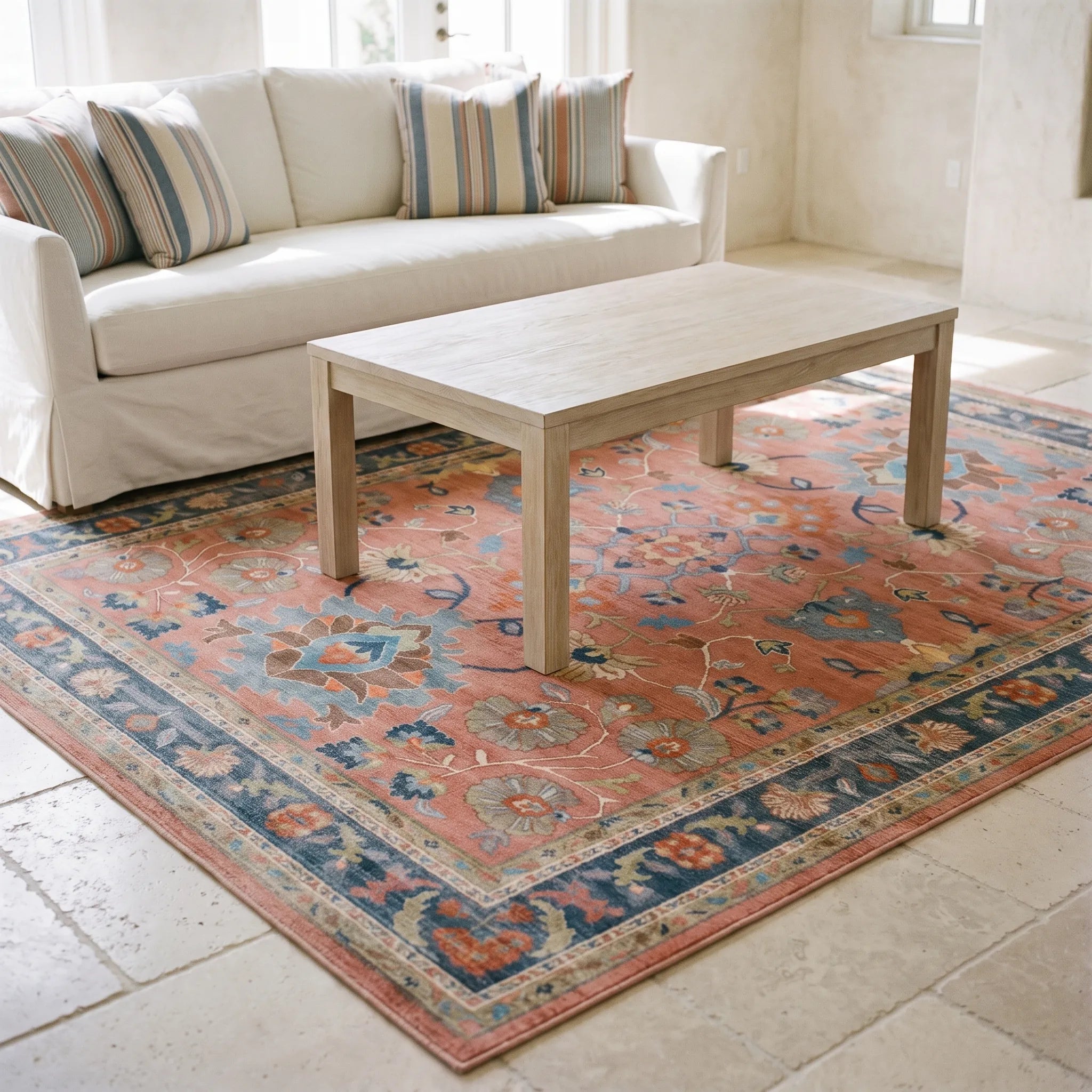 Calabria Coral Multicolor Rug in a living room