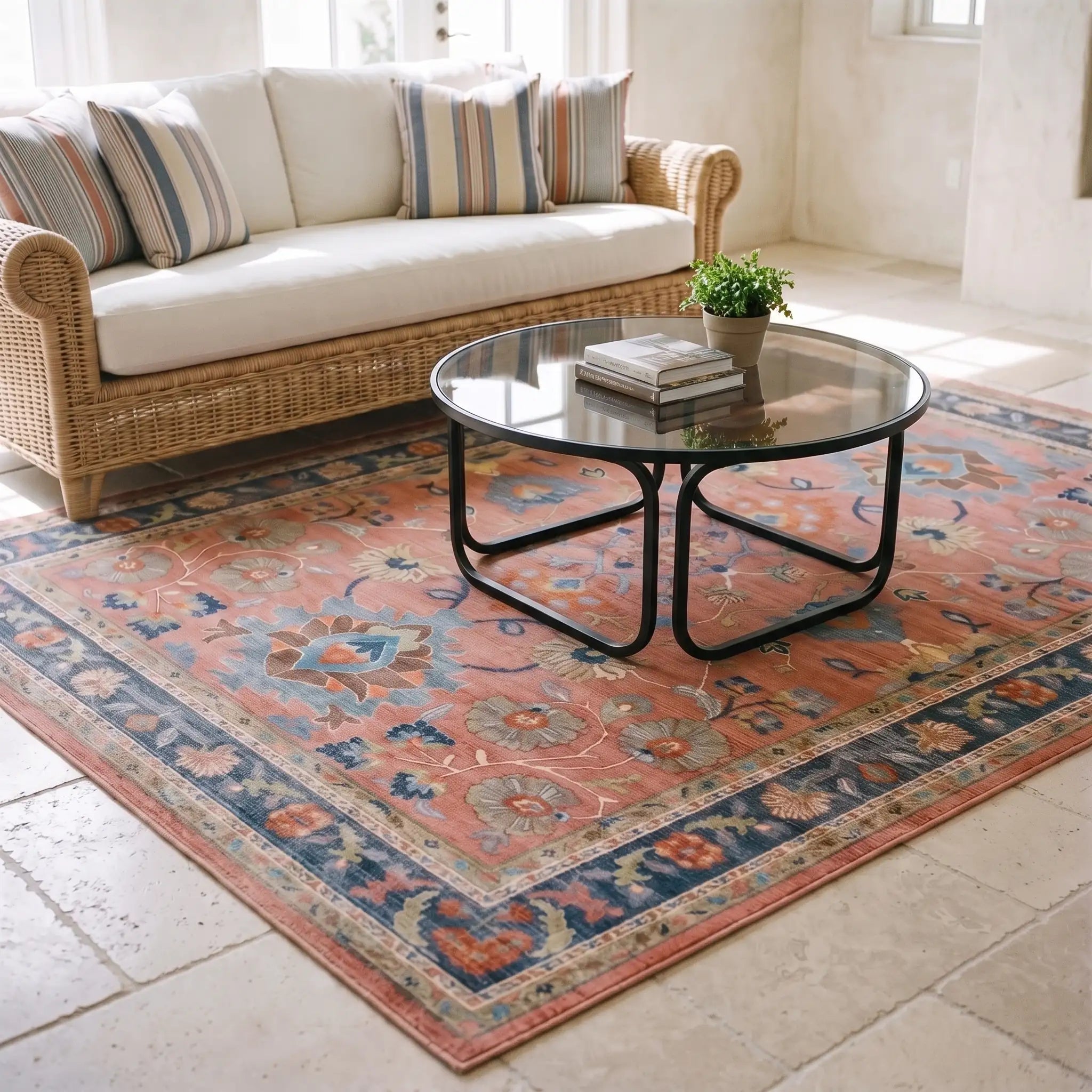 Calabria Coral Vintage Persian Rug in a living room