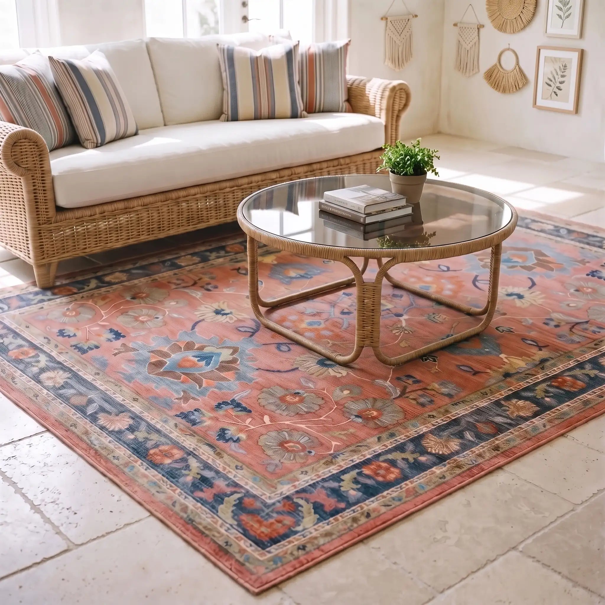 Calabria Coral Vintage Persian Rug in a living room