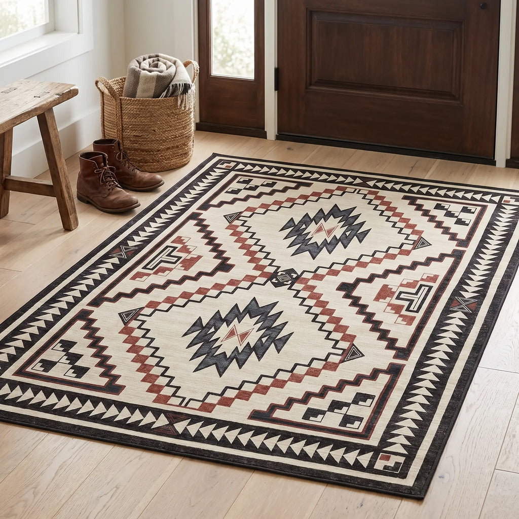 Desert Sumac Rug in a bedroom