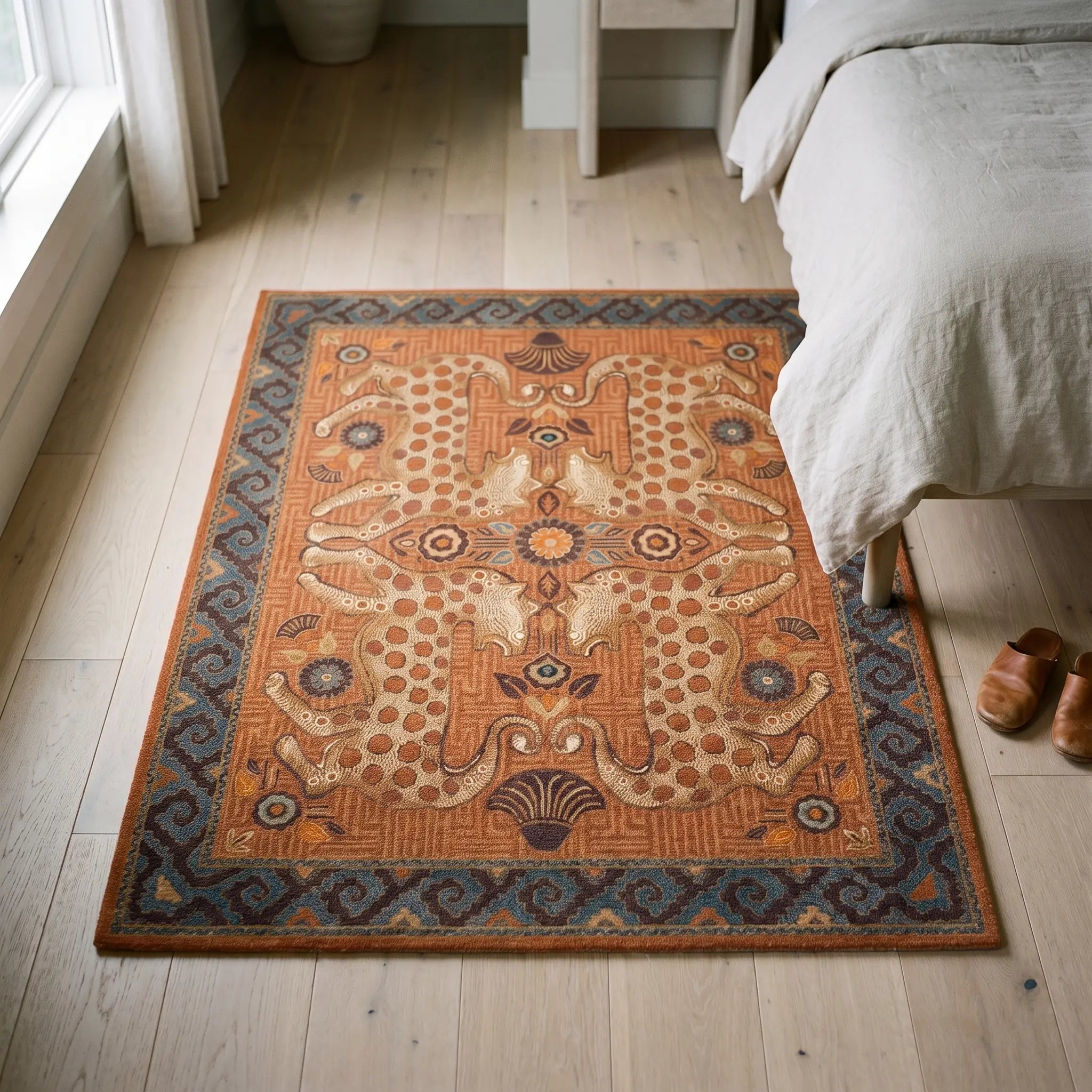 Eartha Terracotta Rug in a bedroom