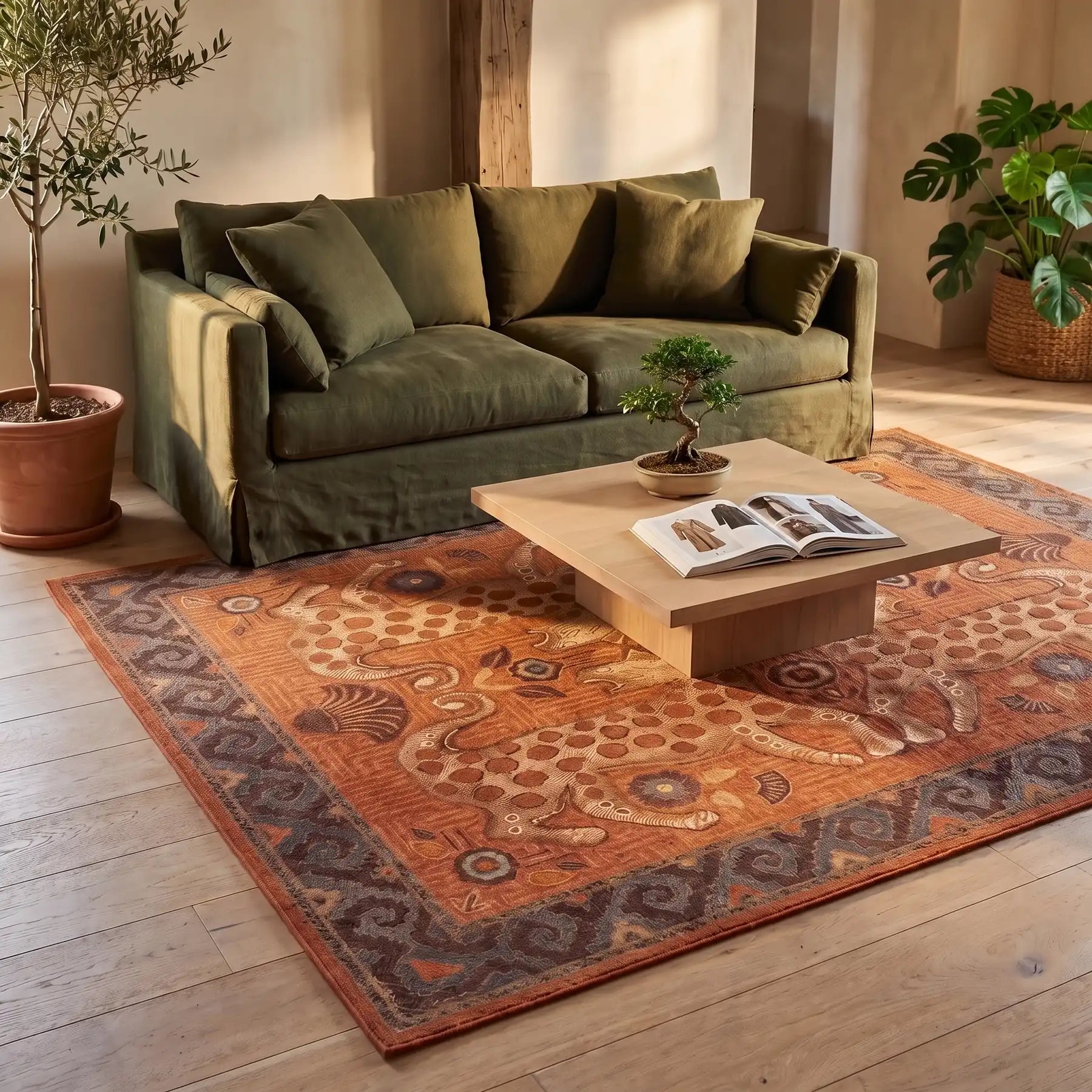Eartha Terracotta Coastal Rug in a living room