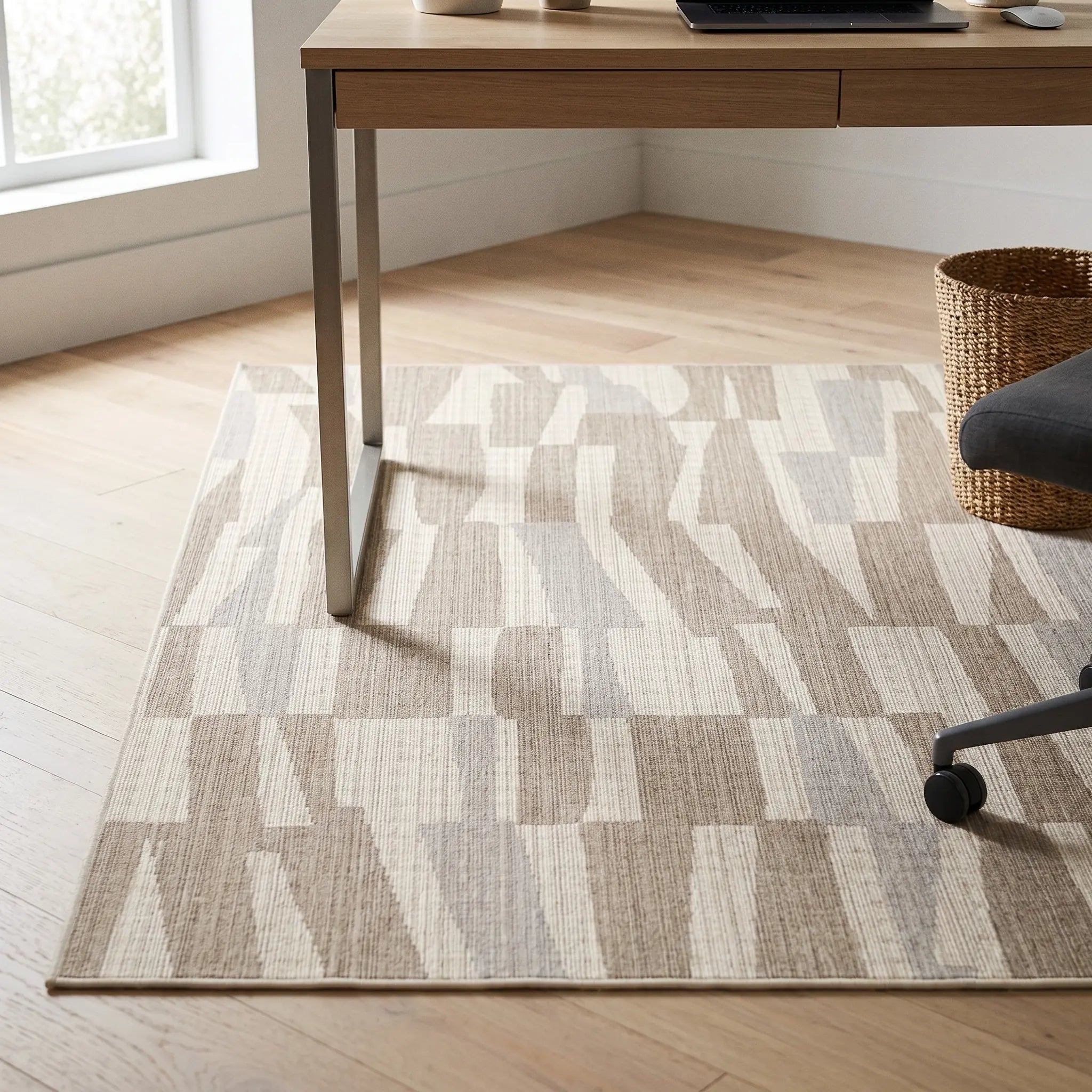 Enzo Beige and Ivory Rug in a home office