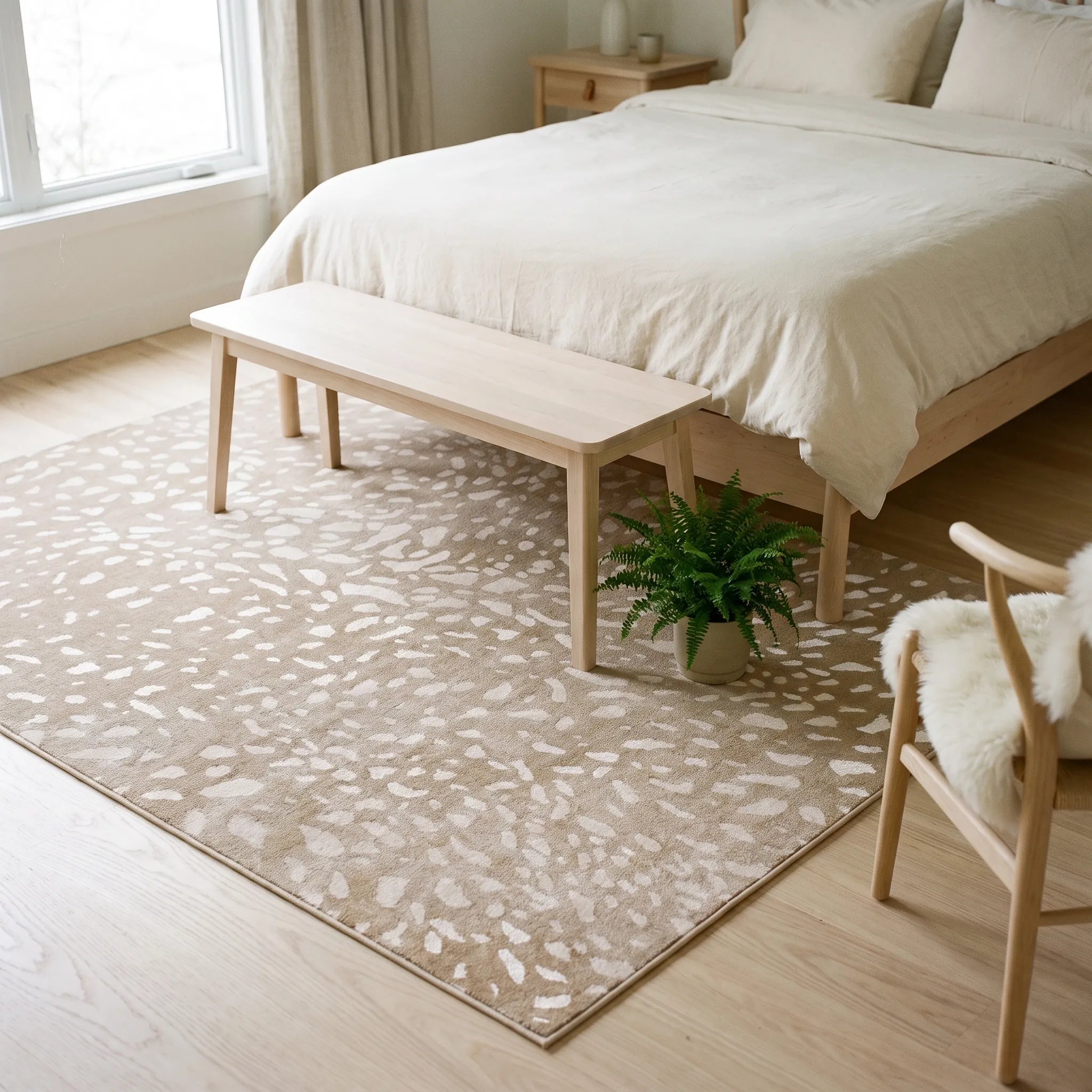 Fawn Natural Rug in a bedroom