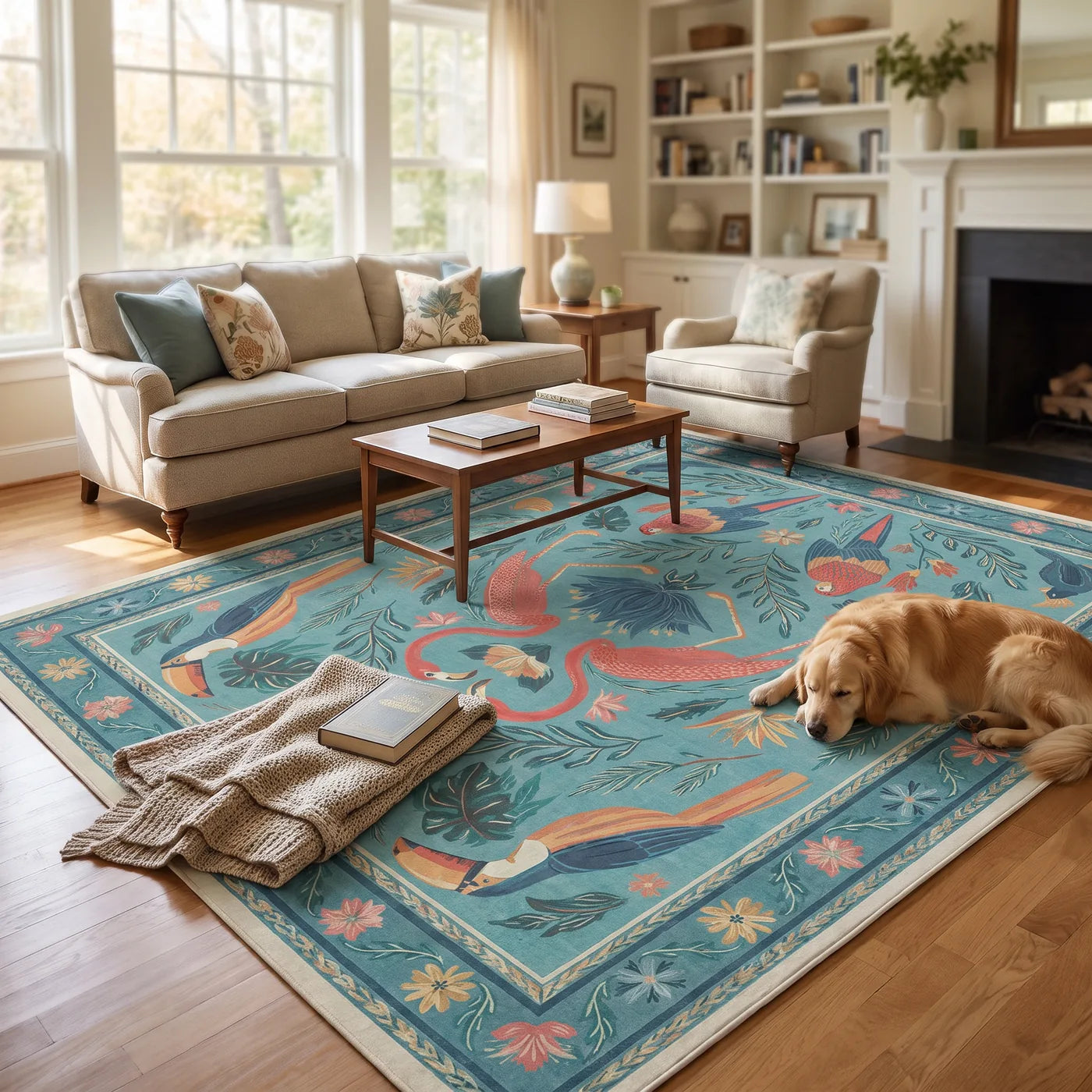Birds of a Feather Aqua Rug shown in a home