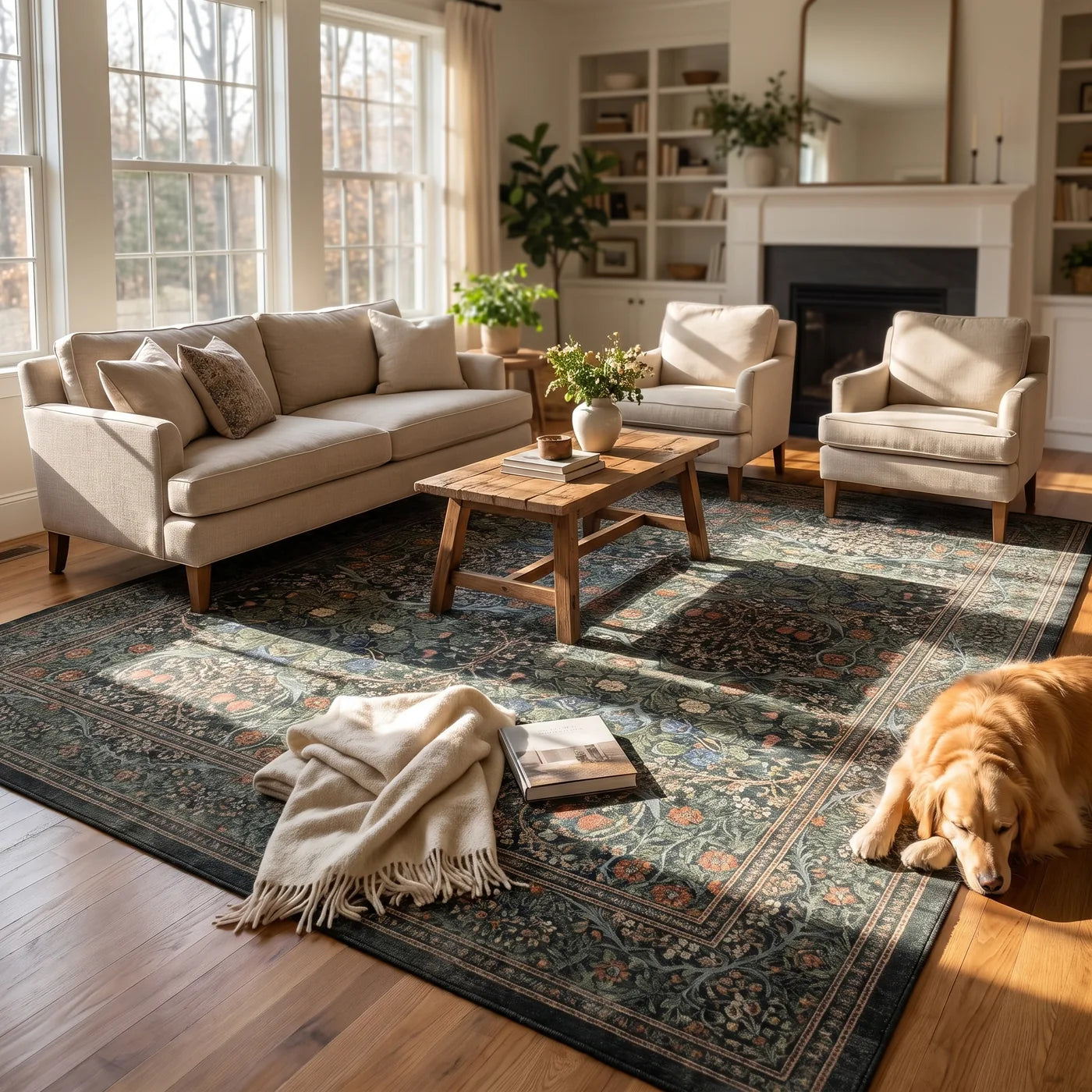 Blackthorn Forest Green Floral Rug shown in a home