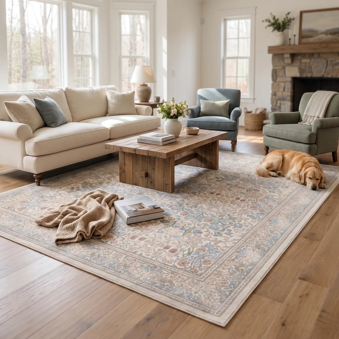 Blackthorn Ivory Floral Rug shown in a home