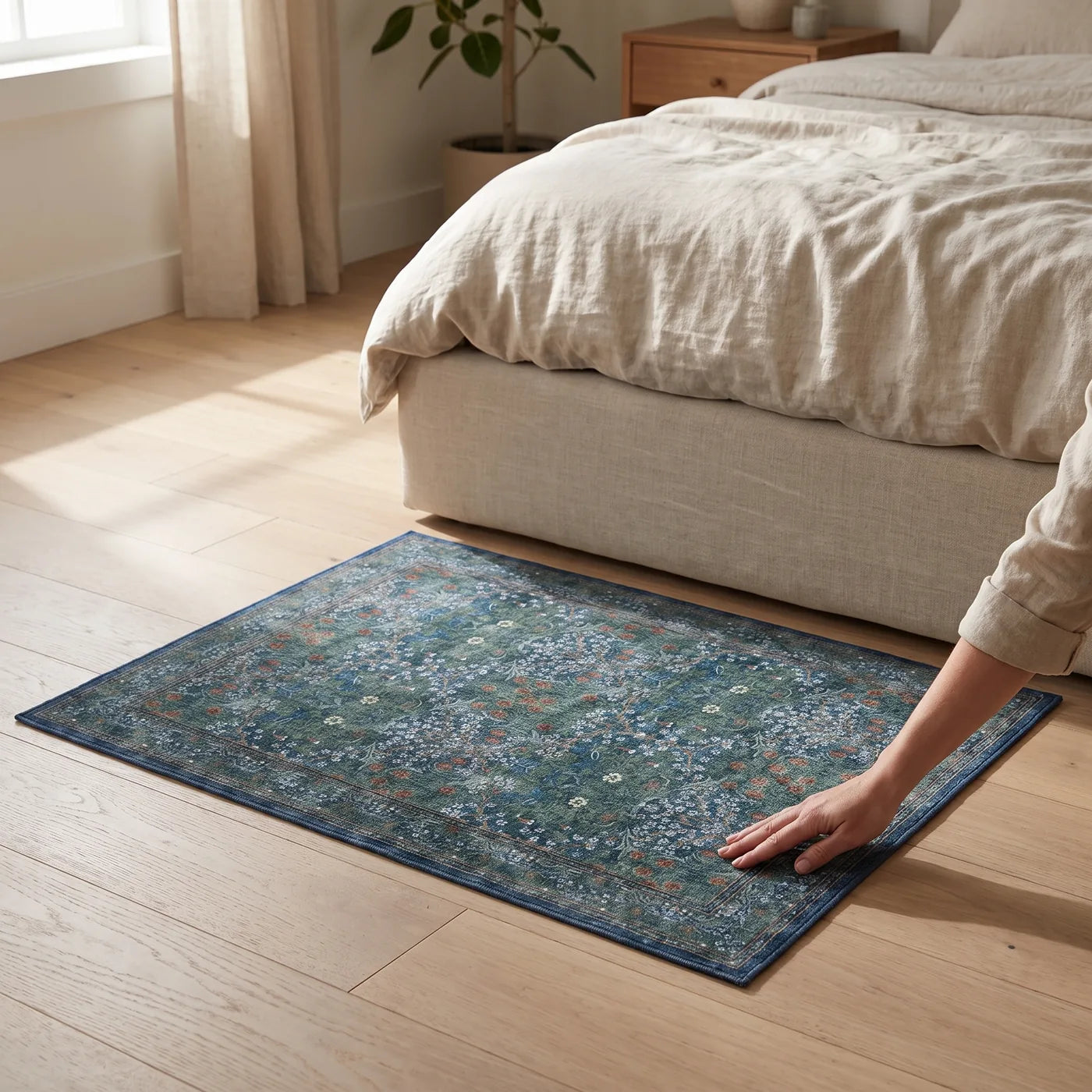 Blackthorn Navy Floral Rug shown in a home