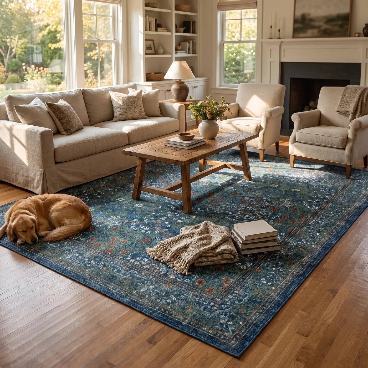 Blackthorn Navy Floral Rug shown in a home