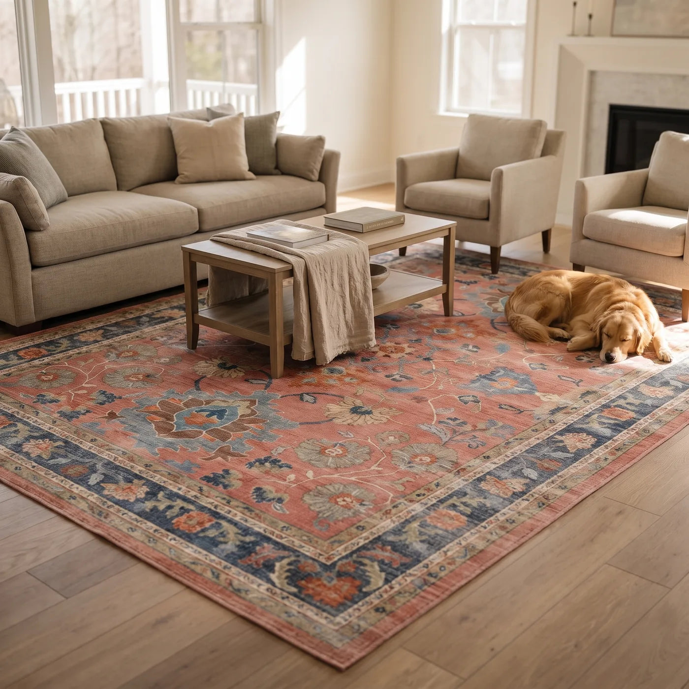 Calabria Coral Vintage Persian Rug shown in a home