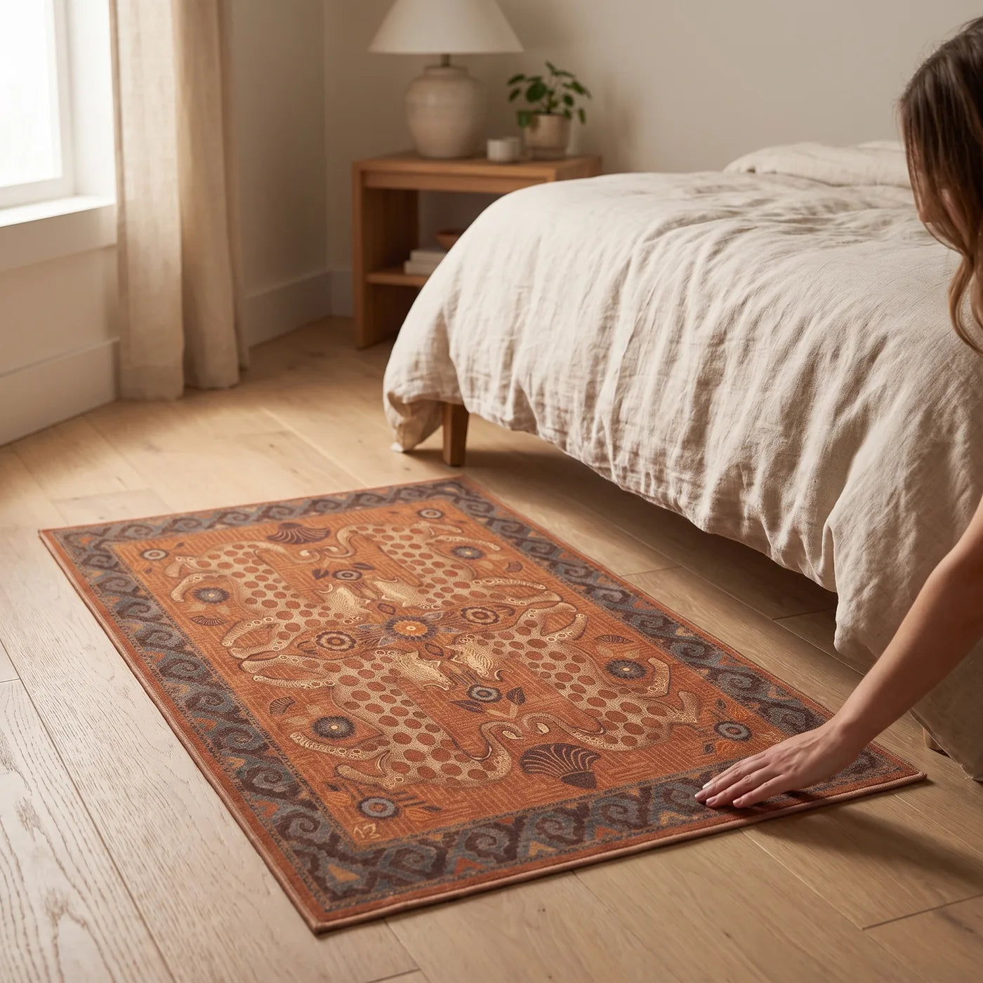 Eartha Terracotta Coastal Rug shown in a home