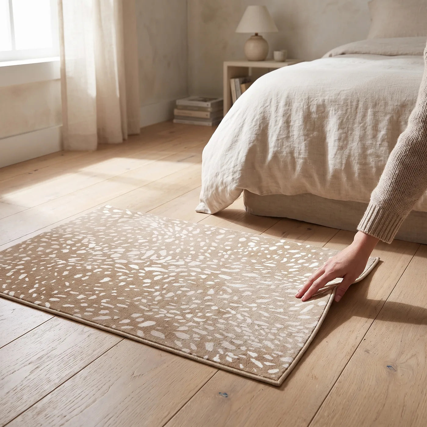 Fawn Natural Animal Print Rug shown in a home