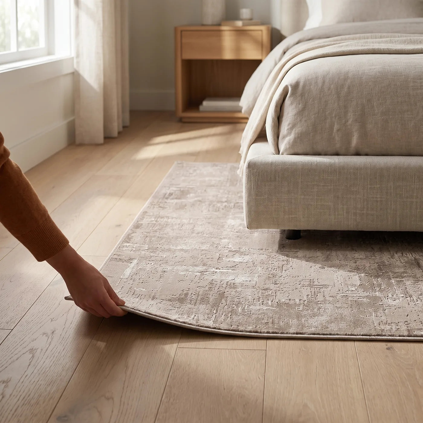 Impasto Taupe Textured Rug shown in a home