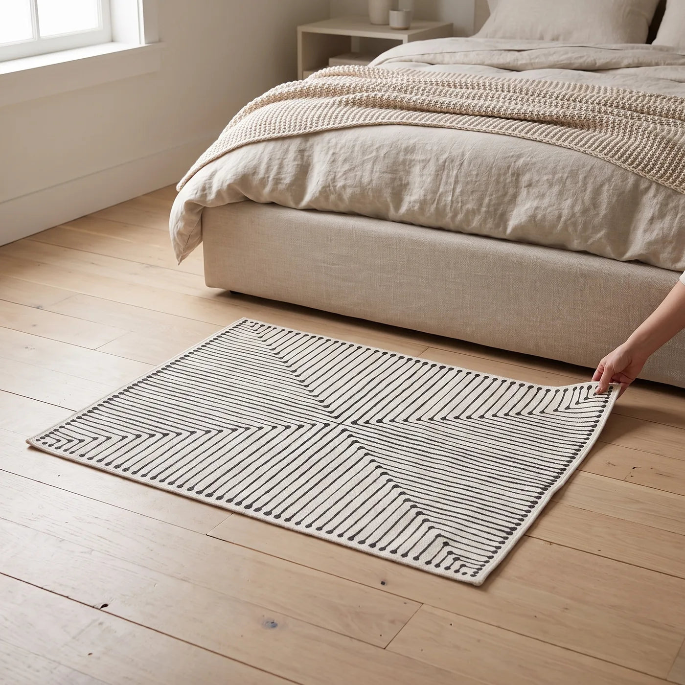 Inkdrop Black & Ivory Striped Rug shown in a home