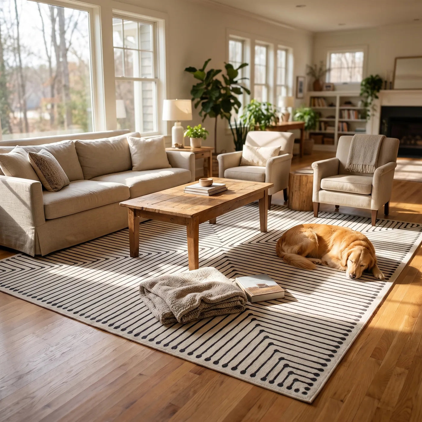 Inkdrop Black & Ivory Striped Rug shown in a home