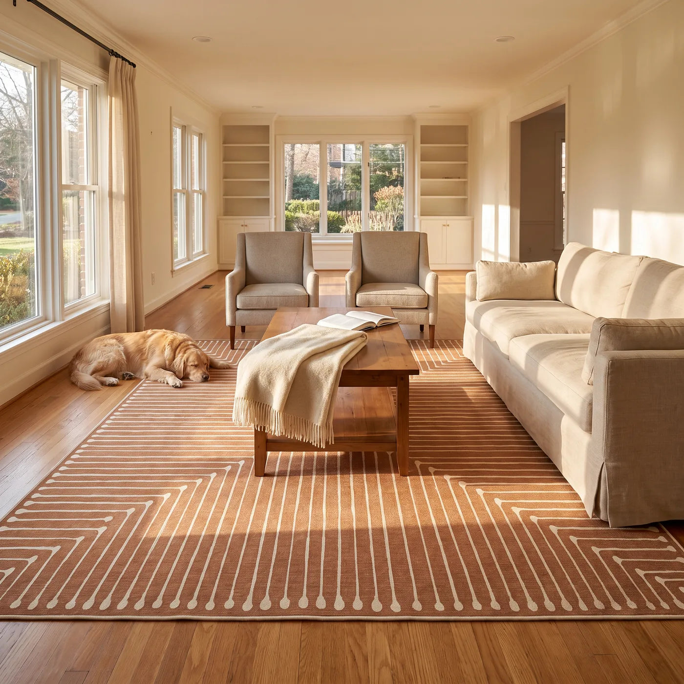 Inkdrop Copper Striped Rug shown in a home