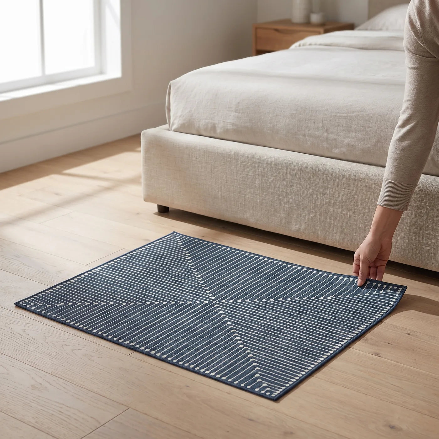 Inkdrop Lapis Blue Striped Rug shown in a home