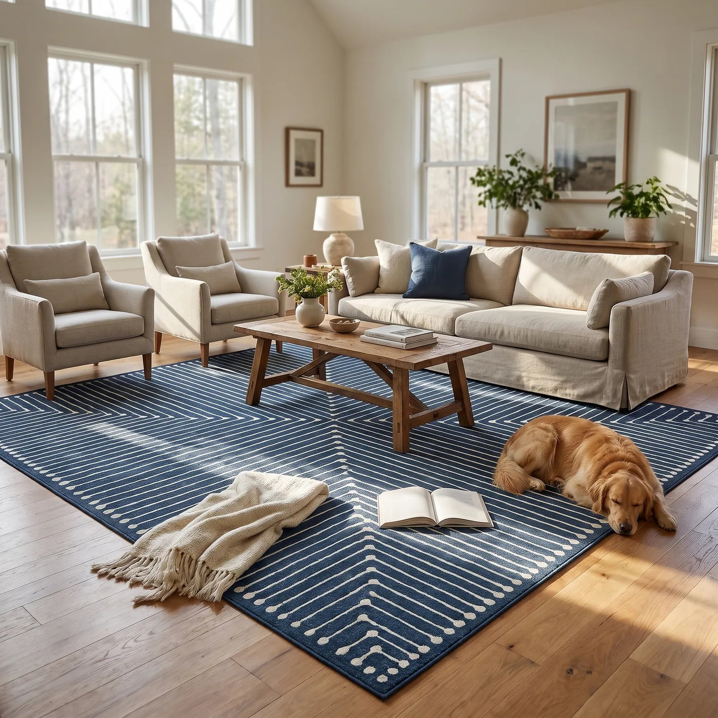 Inkdrop Lapis Blue Striped Rug shown in a home