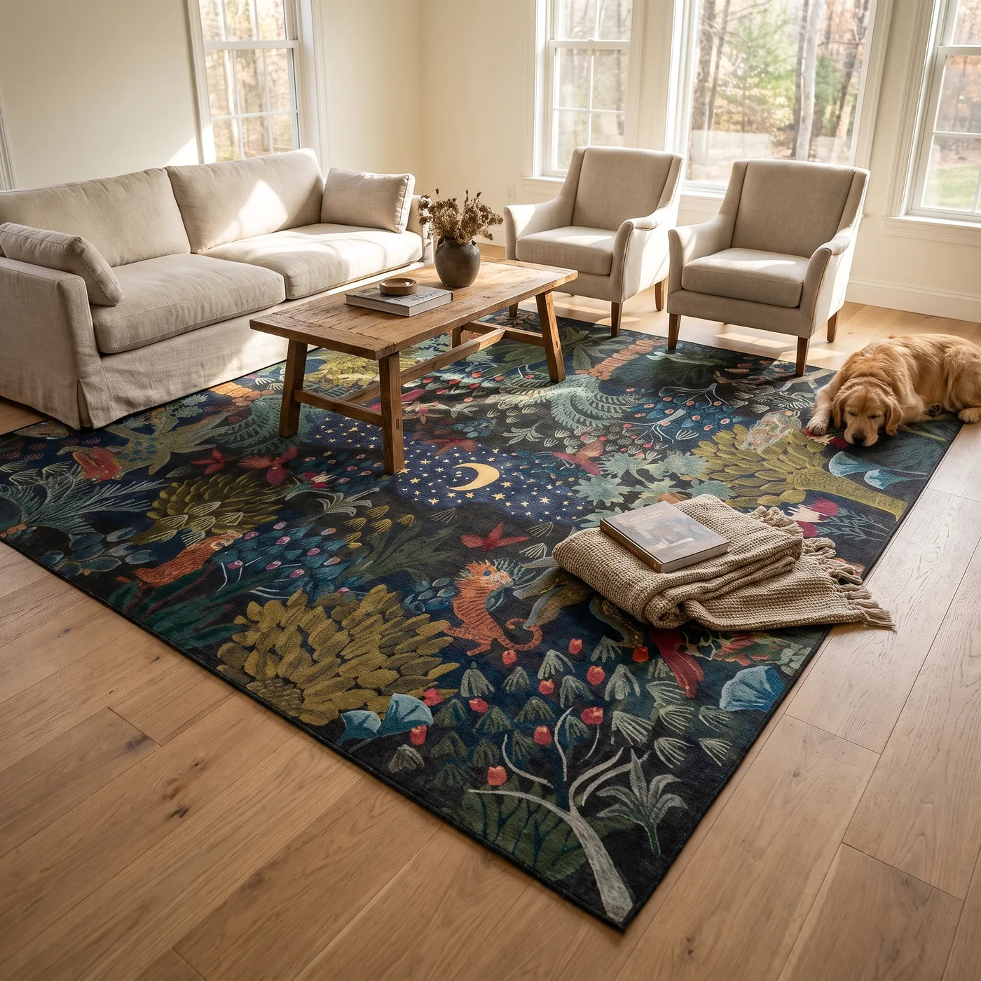 Josephine Midnight Jungle Rug shown in a home