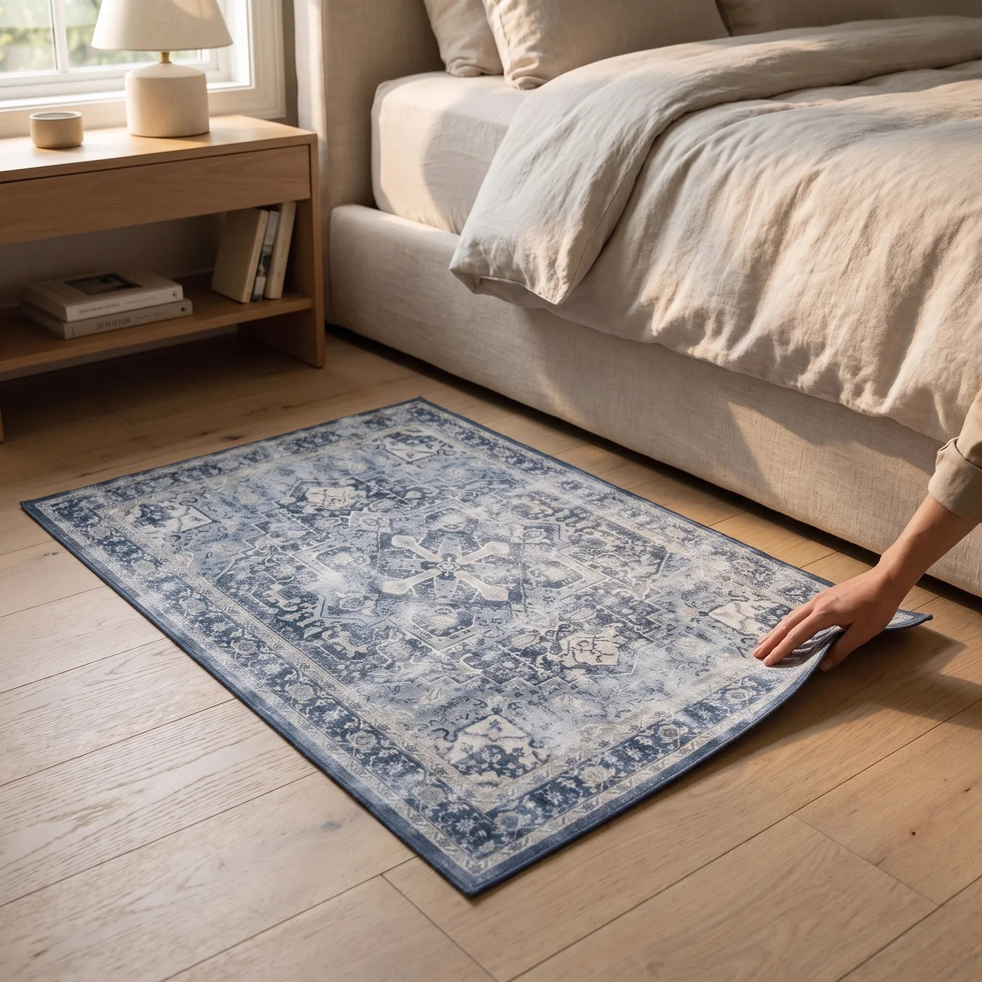 Kamran Admiral Blue Medallion Rug shown in a home
