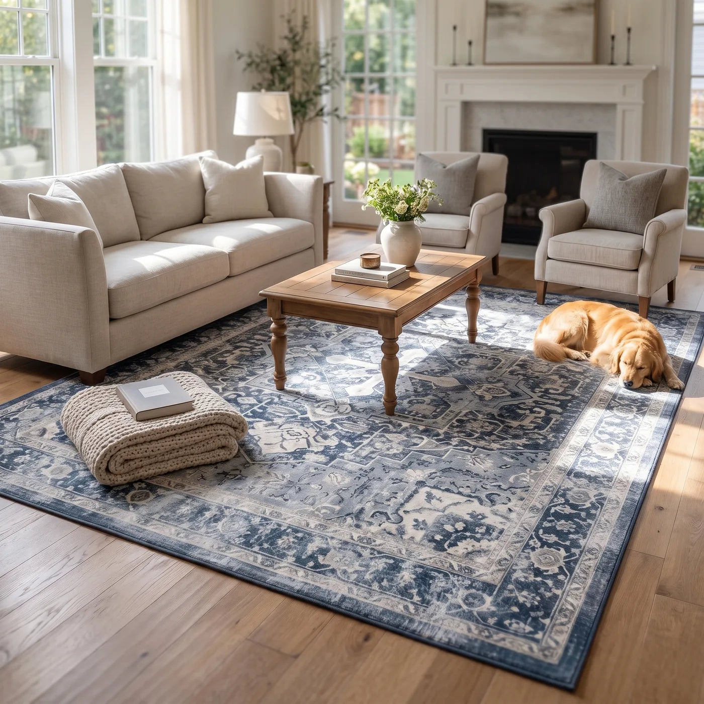 Kamran Admiral Blue Medallion Rug shown in a home