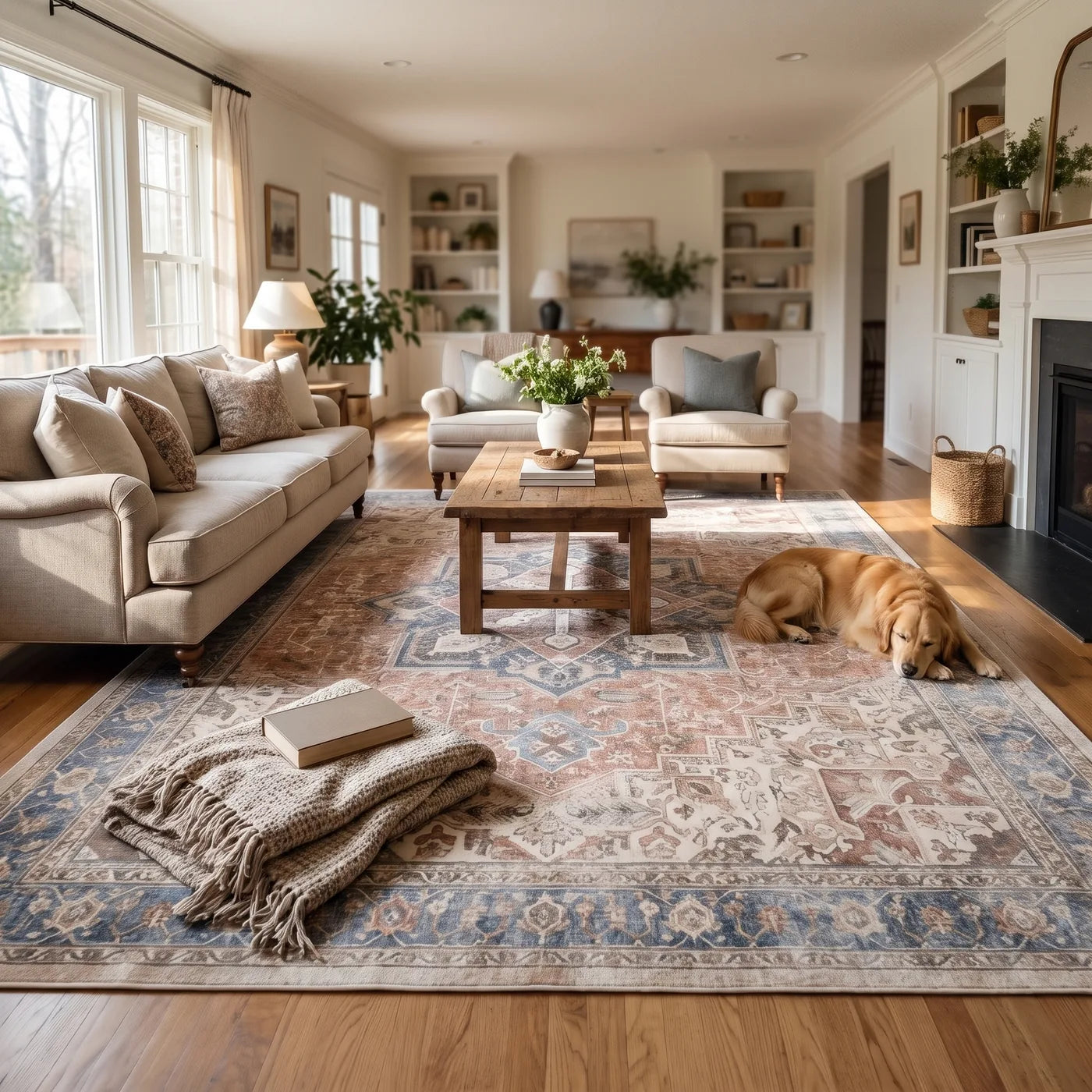Kamran Coral Medallion Rug shown in a home