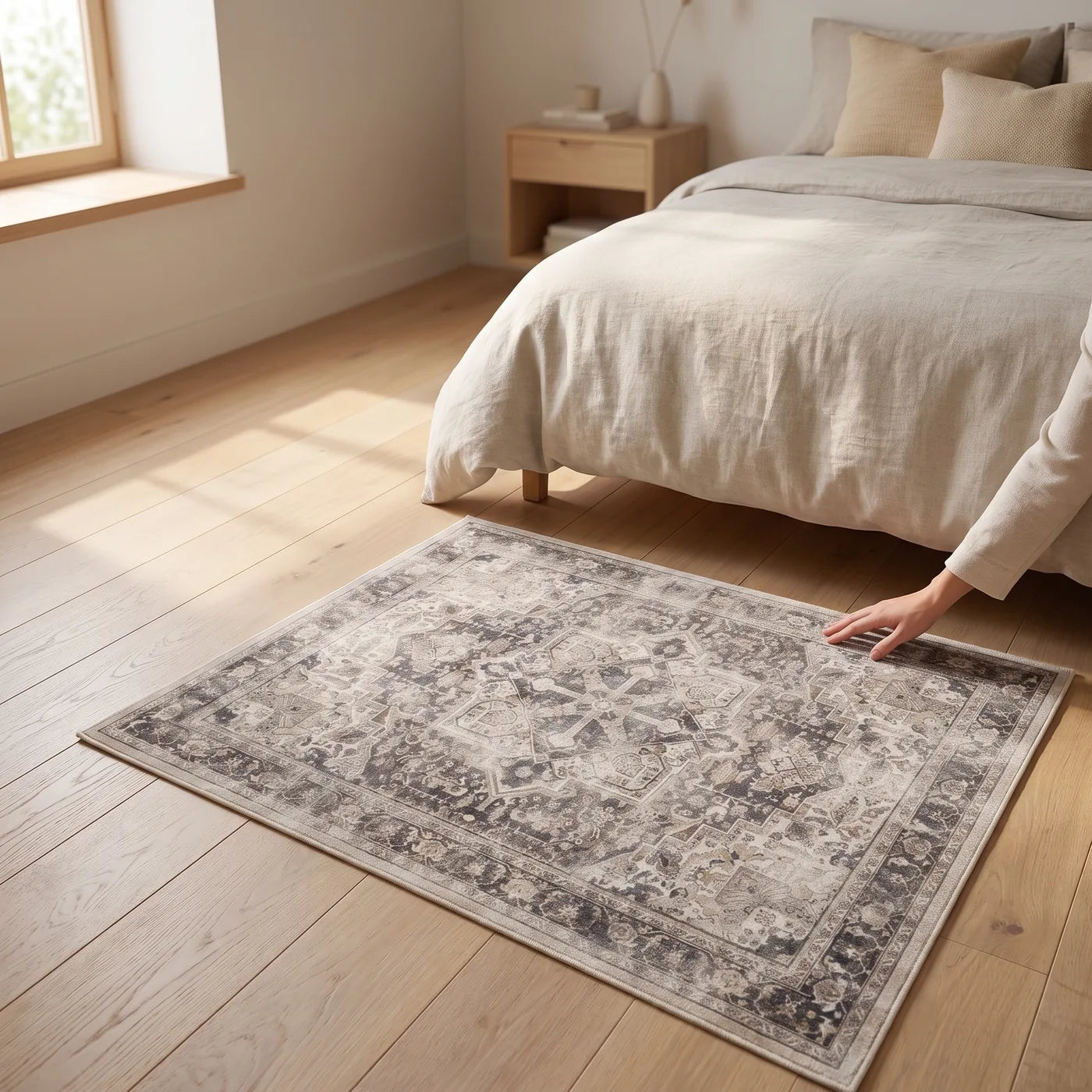 Kamran Hazel Medallion Rug shown in a home