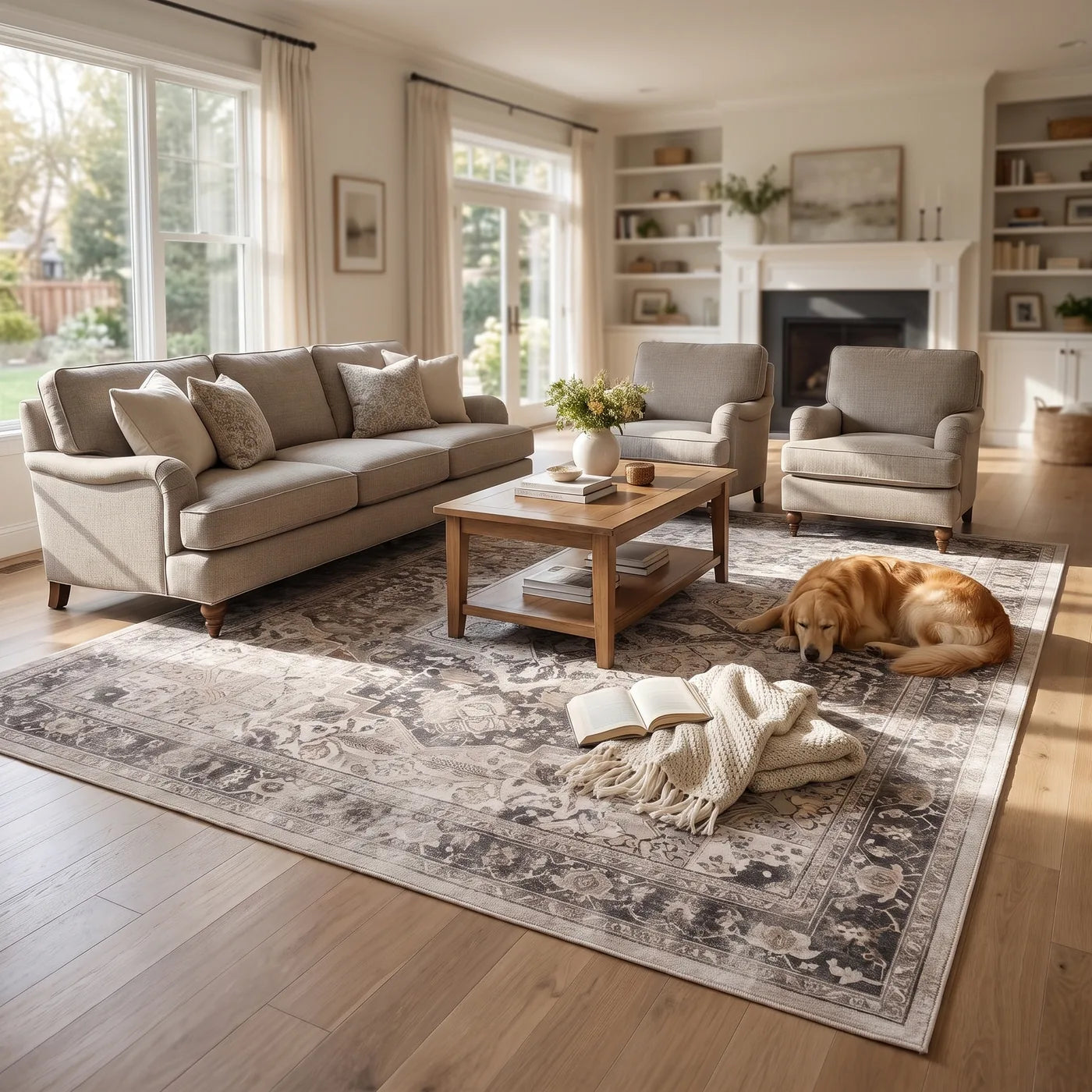 Kamran Hazel Medallion Rug shown in a home