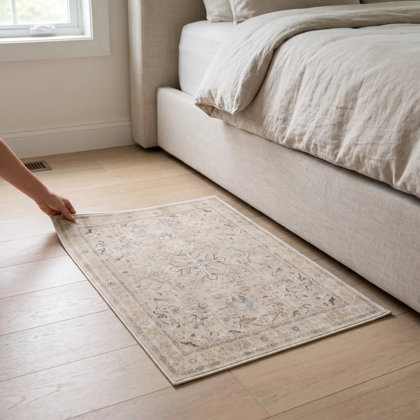 Kamran Ivory Opal Medallion Rug shown in a home