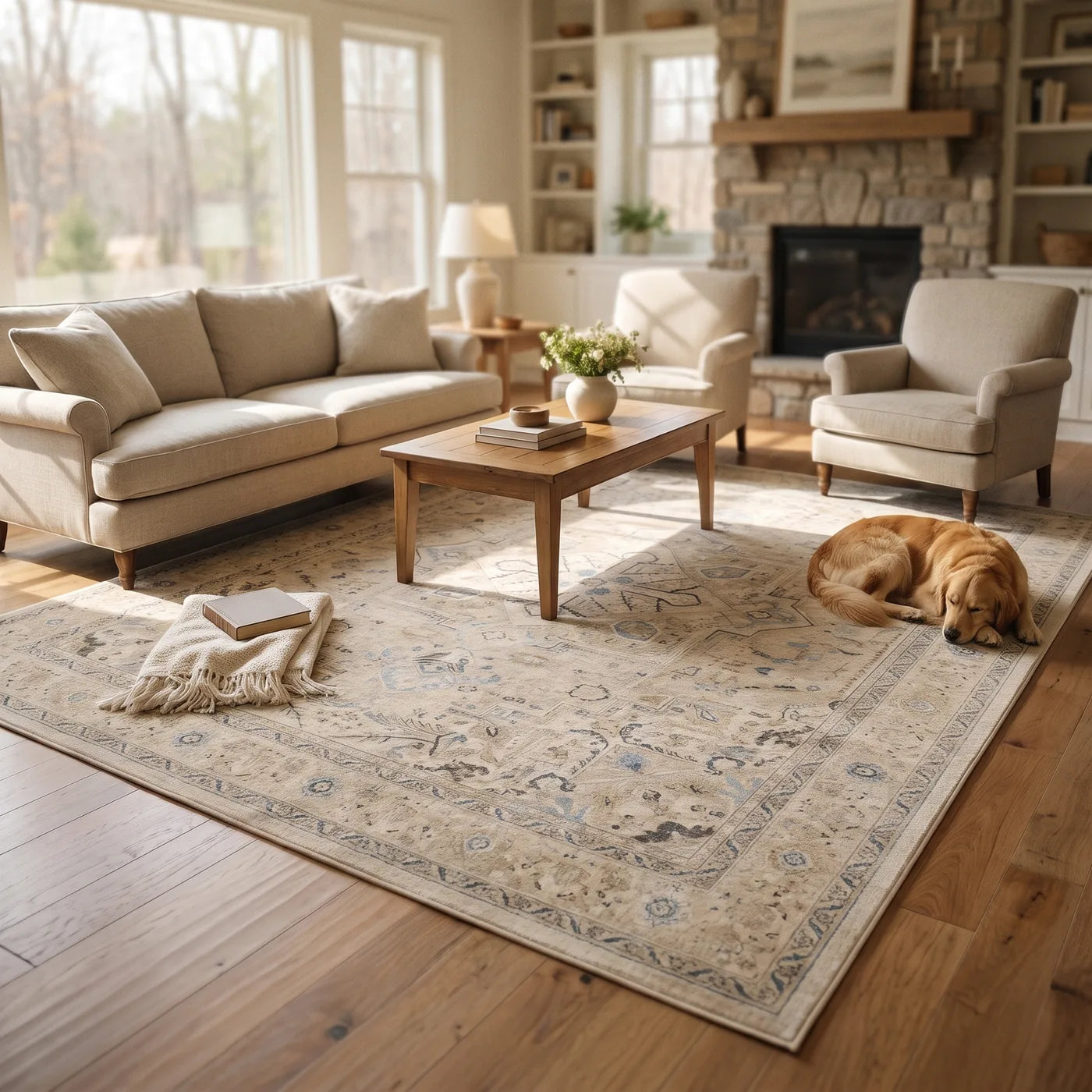 Kamran Ivory Opal Medallion Rug shown in a home