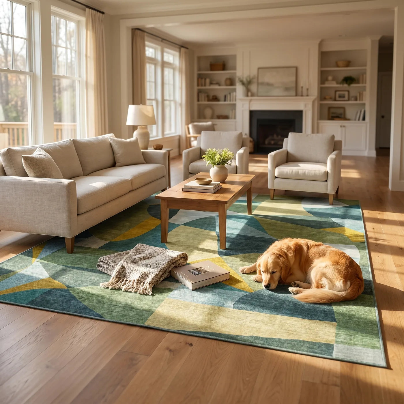 Kayla Teal Green Abstract Rug shown in a home
