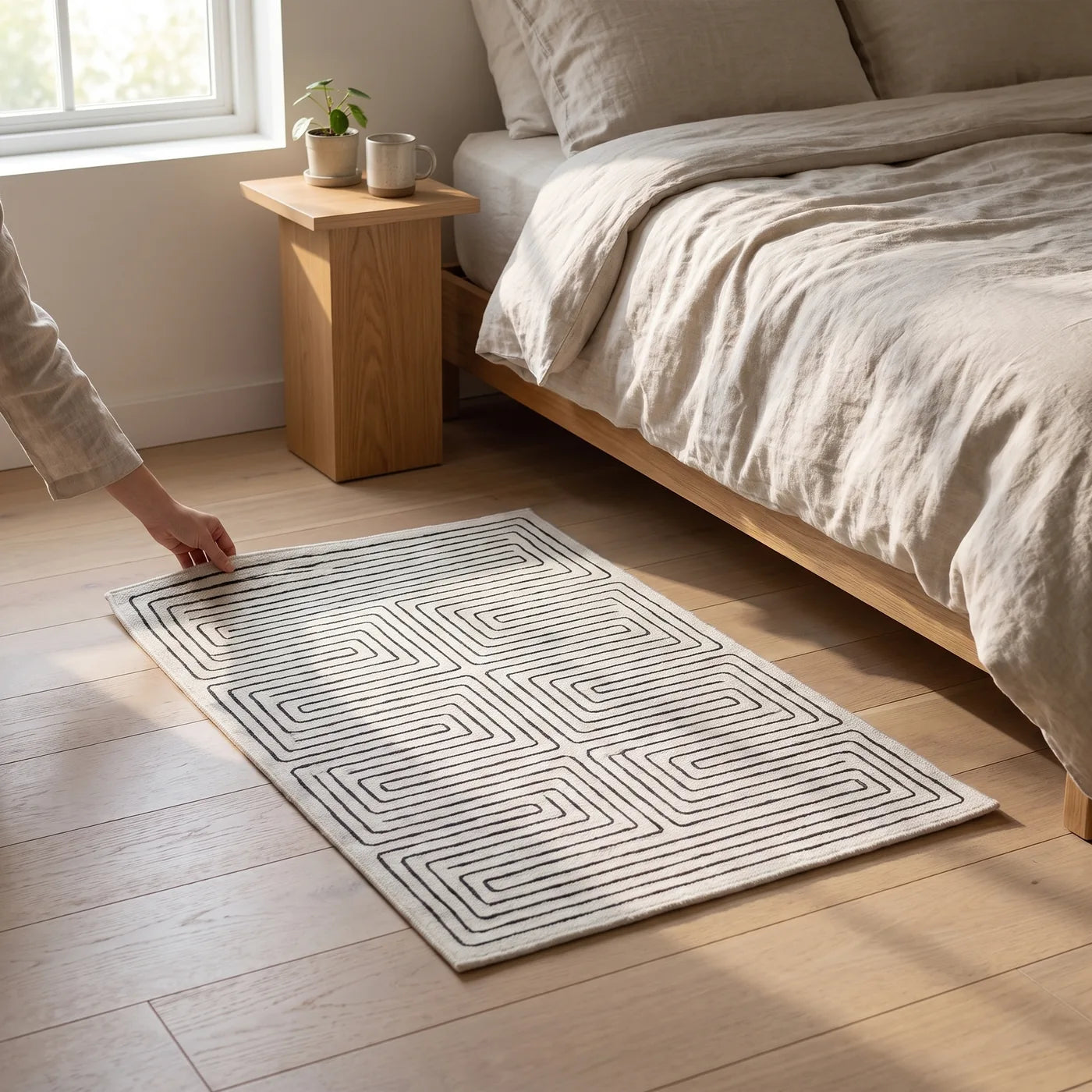 Labyrinth Black & Ivory Maze Rug shown in a home