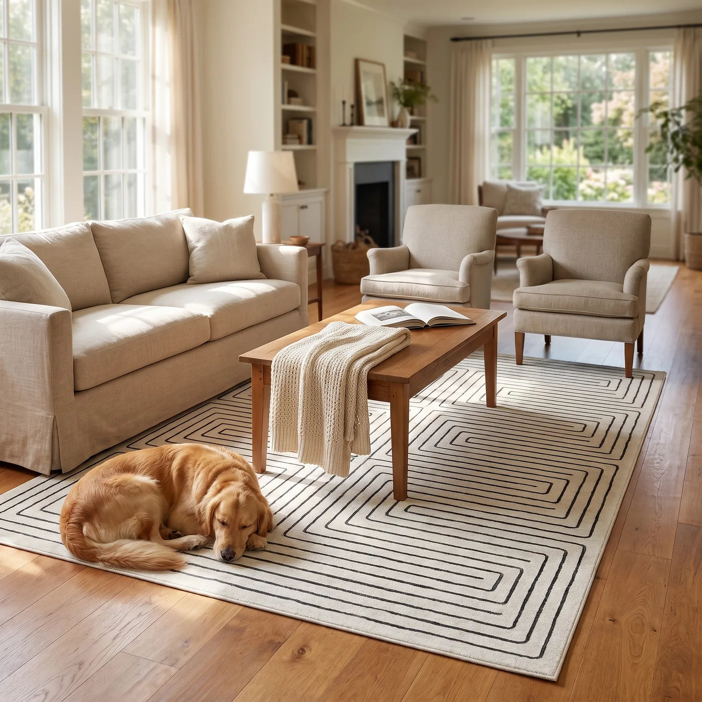 Labyrinth Black & Ivory Maze Rug shown in a home