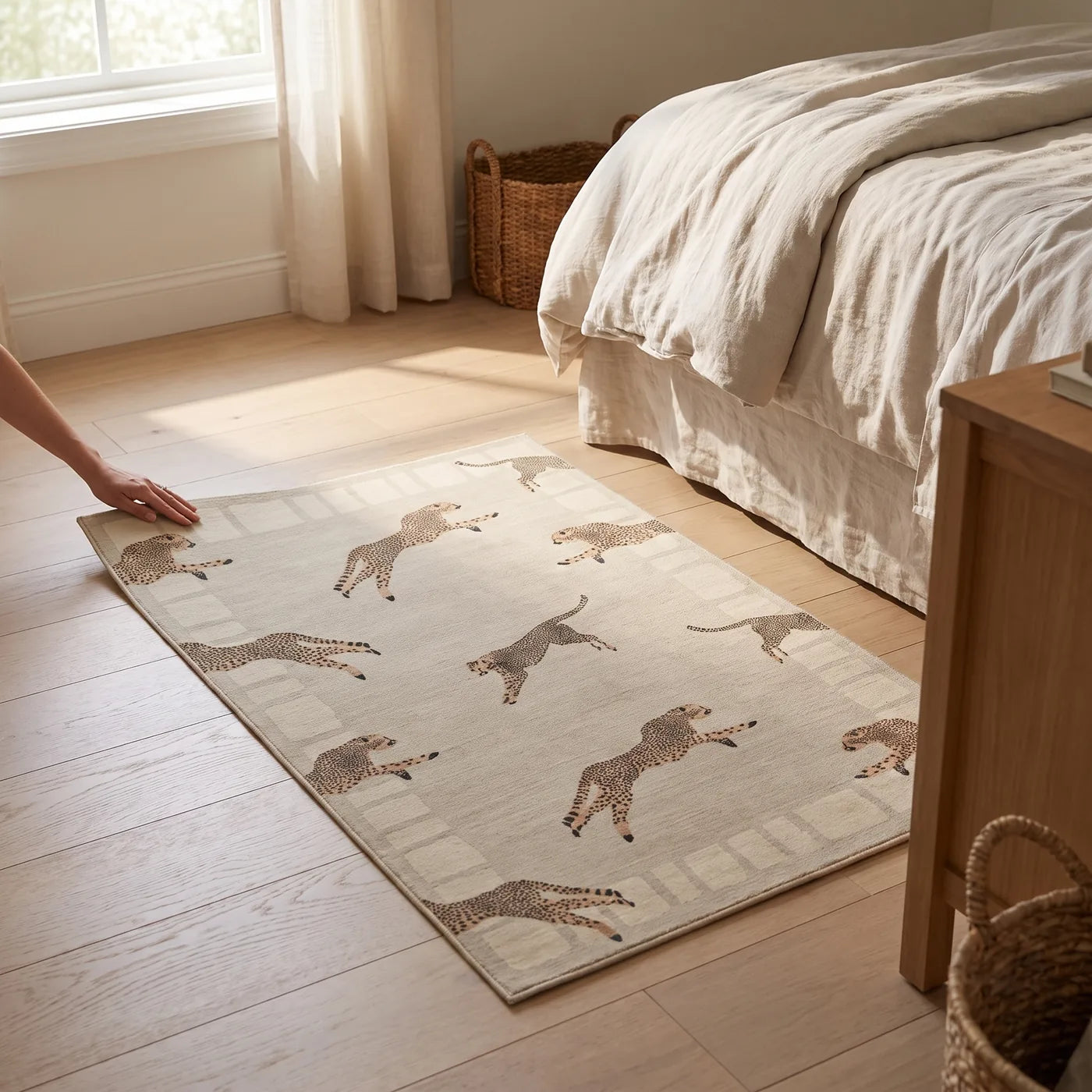 Leaping Cheetah Sand Bordered Rug shown in a home
