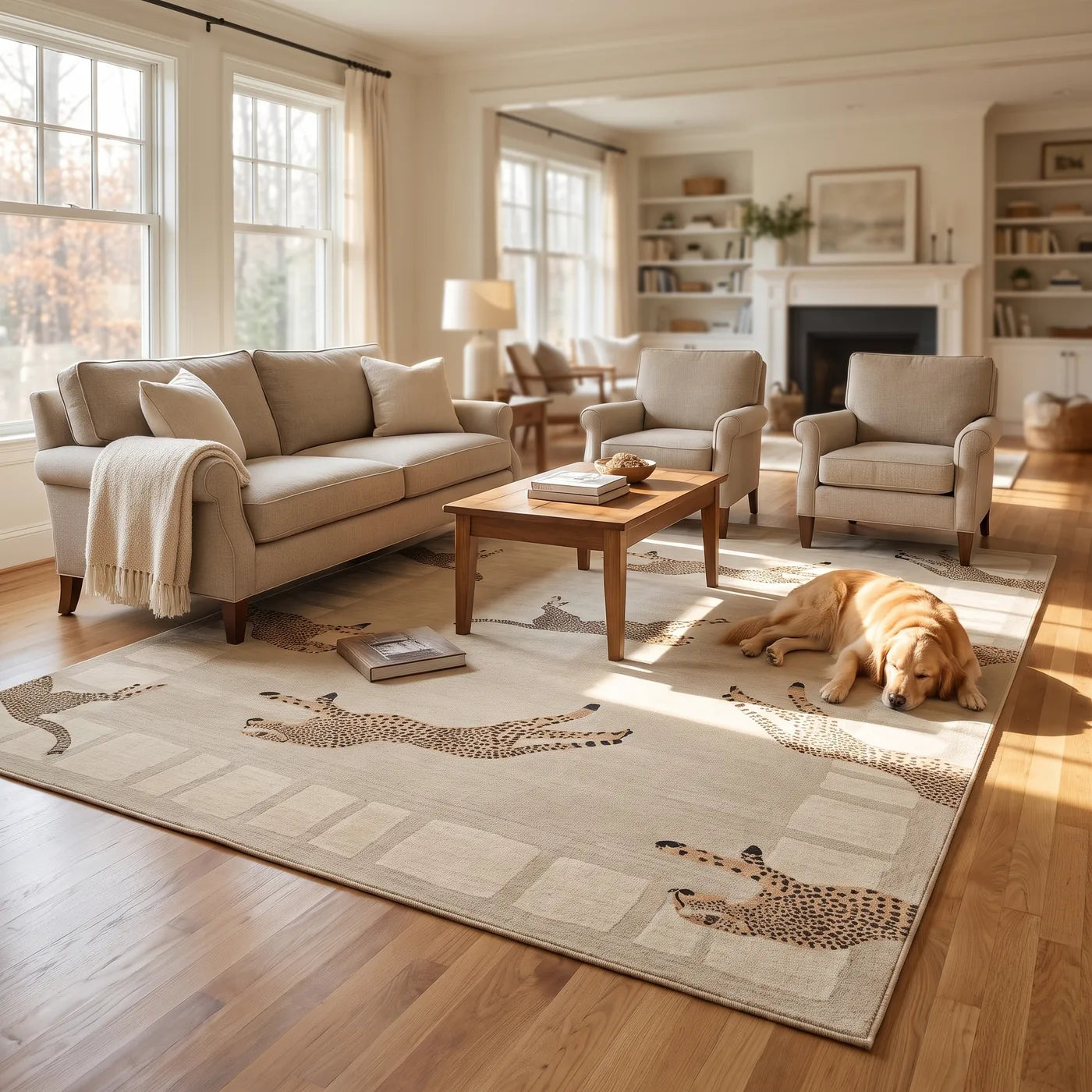 Leaping Cheetah Sand Bordered Rug shown in a home