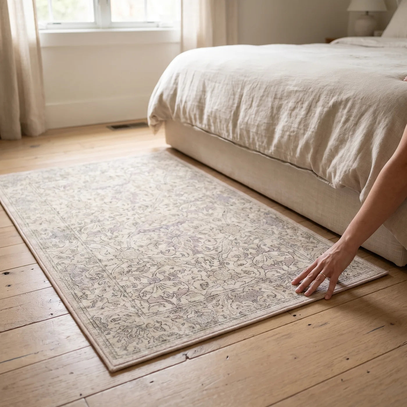 Montreal Beige & Lilac Floral Rug shown in a home